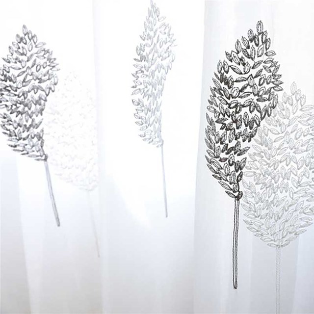 Feuilles de Banyan Brodées Rideau Voile Gris & Blanc 1