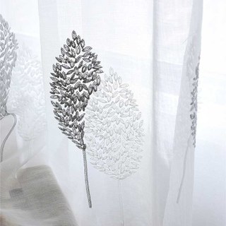 Feuilles de Banyan Brodées Rideau Voile Gris & Blanc 5