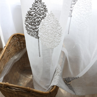 Feuilles de Banyan Brodées Rideau Voile Gris & Blanc 3