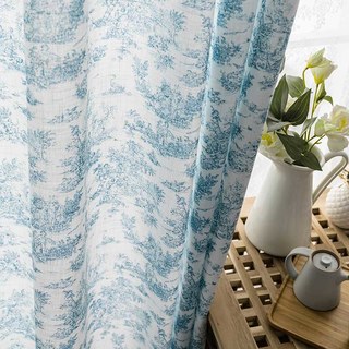 French Country Retro Paysage Porcelaine Bleu et Blanc Rideau Toile
