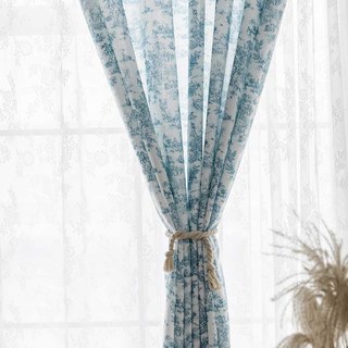 French Country Retro Paysage Porcelaine Bleu et Blanc Rideau Toile
