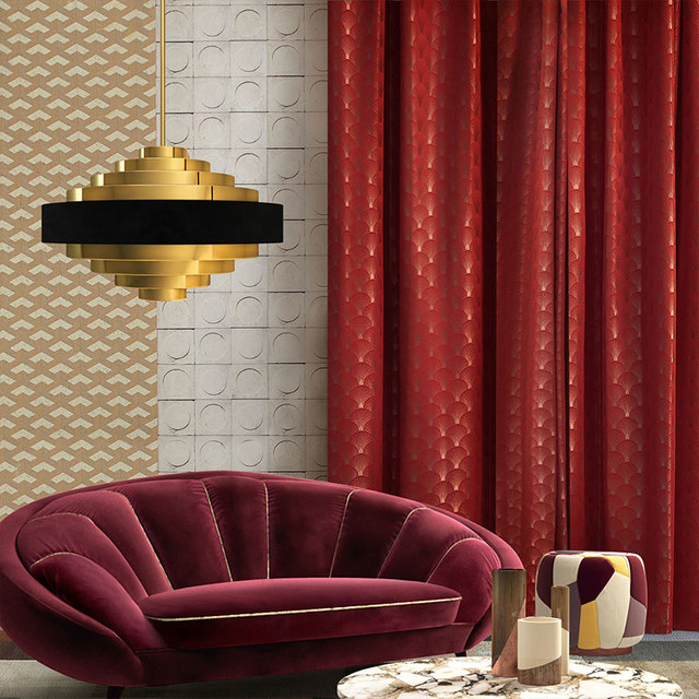 La Couronne des Années Folles Luxe Art Déco Coquillage Motif Rouge & Or Rideau 1