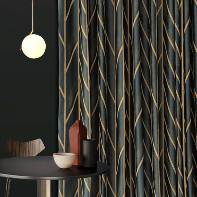 Herringbone Vert Foncé & Or Géométrique Rideau Occultant 1