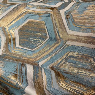 Nappé alvéolaire luxueux jacquard hexagone géométrique turquoise bleu & rideau doré métallique 5