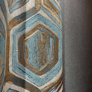 Nappé alvéolaire luxueux jacquard hexagone géométrique turquoise bleu & rideau doré métallique 4