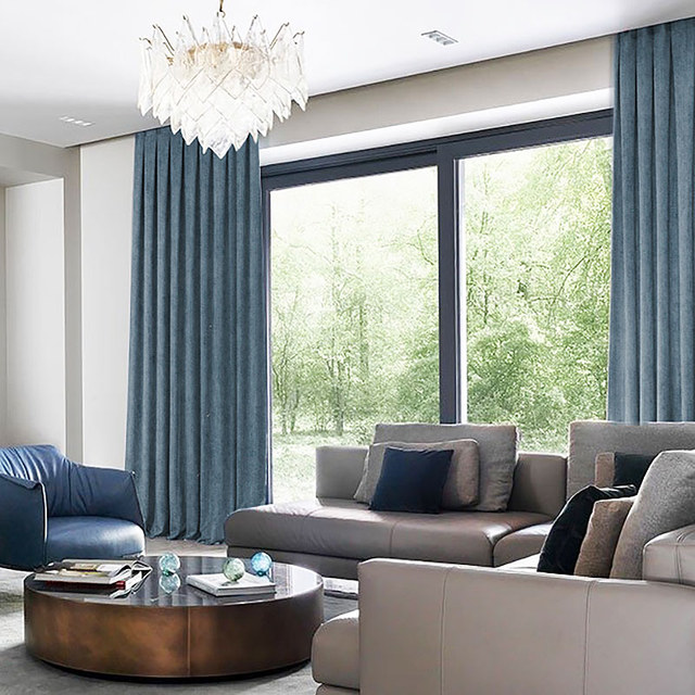 Exquis Rideau en Chenille Bleu Brumeux Mat et Luxueux 1