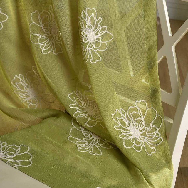Fleurs des Quatre Saisons Rideau en Voile Brodé Vert Olive 1