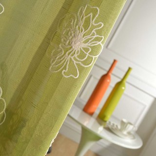 Fleurs des Quatre Saisons Rideau en Voile Brodé Vert Olive 2