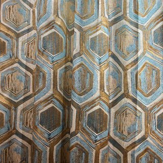 Nappé alvéolaire luxueux jacquard hexagone géométrique turquoise bleu & rideau doré métallique 3