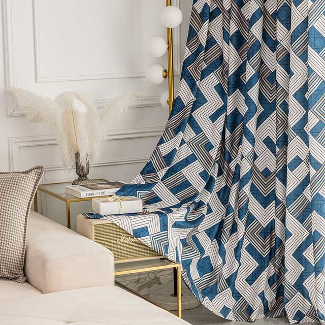 Enigma Chenille Géométrique Bleu et Marron Rideau 1