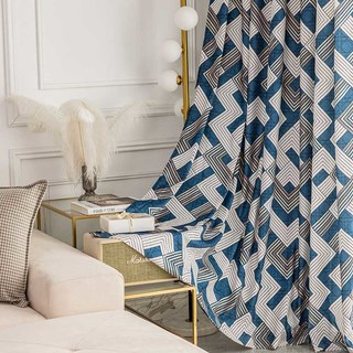 Enigma Chenille Géométrique Bleu et Marron Rideau 1