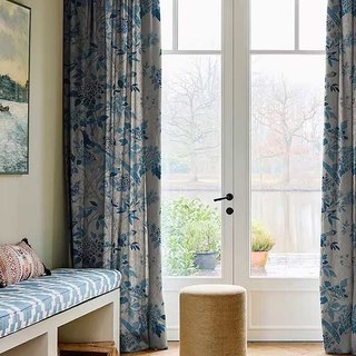 Birds & Blossoms Chinoiserie Bleu Floral Rideau de Velours 5