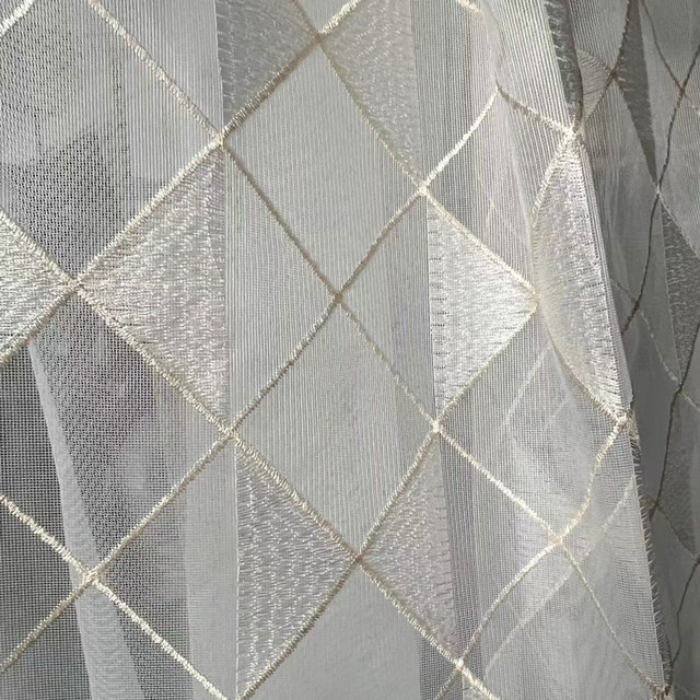 Rideau en Voile à Carreaux Enchantés, Brodé, Géométrique, Ivoire et Or 1