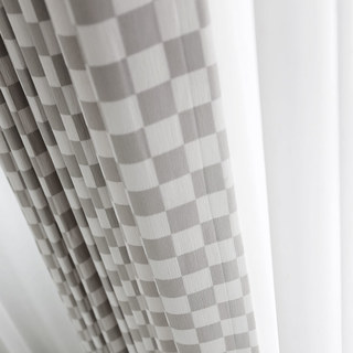 Élégance à carreaux – Rideaux occultants en chenille gris à motifs géométriques 2