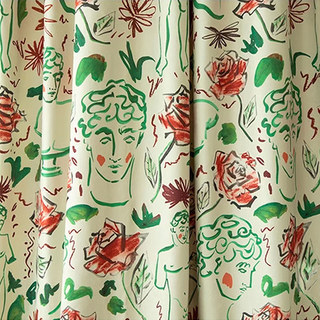 Tête à Roses Graffiti Rouge Vert Floral Chenille Rideaux
