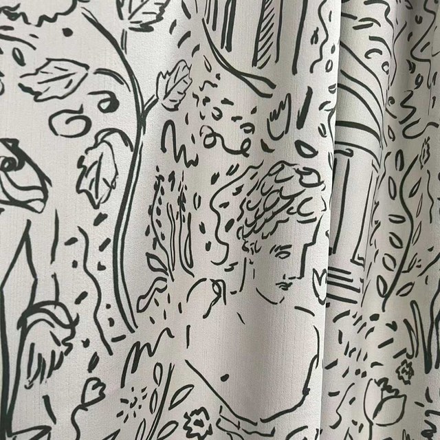 Divine Doodles Graffiti Noir Ligne Art Crème Rideaux en Chenille 1