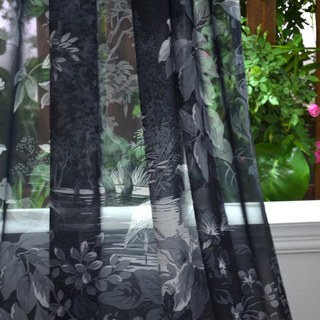 Oasis Arbres Tropicaux Fleurs Grues Rideaux Voile Noirs 3