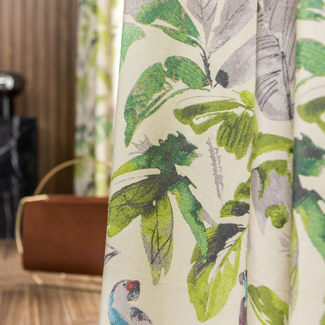 Verde Vista Feuilles Tropicales et Rideau Vert Perroquets 1