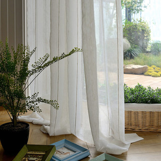 French Vintage Texturé Rayé Lin Voile Rideau
