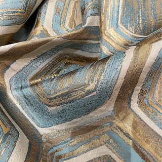 Nappé alvéolaire luxueux jacquard hexagone géométrique turquoise bleu & rideau doré métallique 7