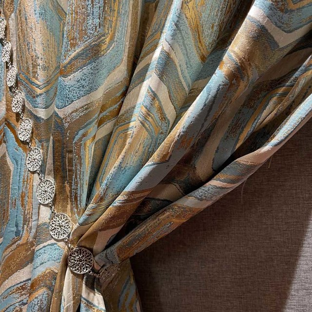Nappé alvéolaire luxueux jacquard hexagone géométrique turquoise bleu & rideau doré métallique 1