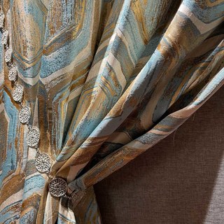 Nappé alvéolaire luxueux jacquard hexagone géométrique turquoise bleu & rideau doré métallique 1