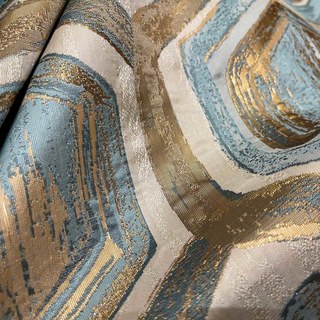 Nappé alvéolaire luxueux jacquard hexagone géométrique turquoise bleu & rideau doré métallique 8