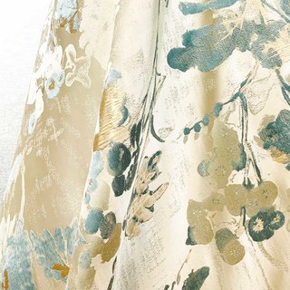 Jardin Secret Soie Crème & Turquoise Pastel Floral Rideau avec Détails Dorés 6