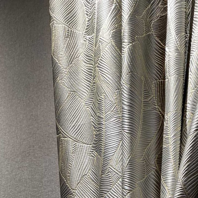 Feuilles de bananier Luxe 3D Jacquard Argent Gris Rideau avec Détails Dorés 1