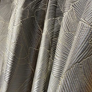 Feuilles de bananier Luxe 3D Jacquard Argent Gris Rideau avec Détails Dorés 3