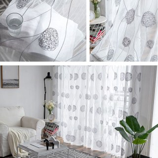 Rideau en Voile Gris Brodé Pompons Dansants 3