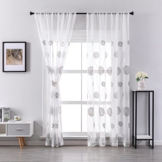 Rideau en Voile Gris Brodé Pompons Dansants 2
