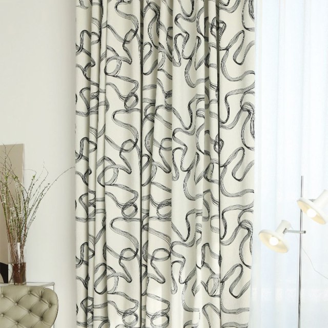 Dreamweave Noir et Blanc Abstrait Ligne Art Chenille Rideau 1