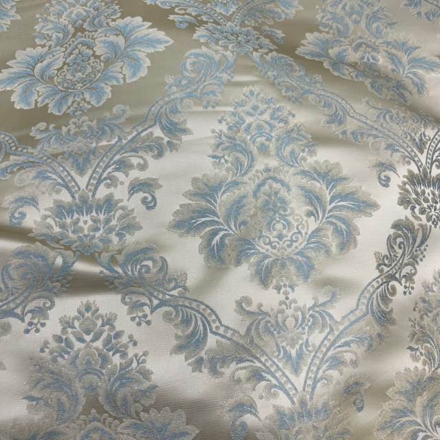 Elite Luxe Jacquard Crème & Bleu Faux Silk Damask Floral Rideau 1