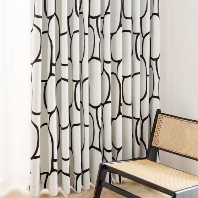 Pebble Path Geometric Circles Noir et Blanc Chenille Rideau Occultant 1