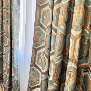 Nappé alvéolaire luxueux jacquard hexagone géométrique turquoise bleu & rideau doré métallique 2