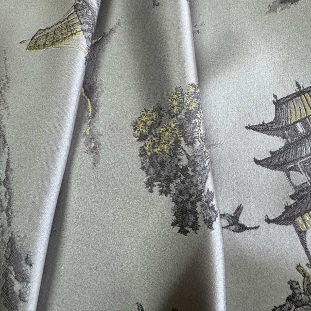 Pagoda & Junk Boat Chinoiserie Crème Satin Floral Rideau 1
