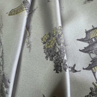 Pagoda & Junk Boat Chinoiserie Crème Satin Floral Rideau 1