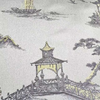 Pagoda & Junk Boat Chinoiserie Crème Satin Floral Rideau 4
