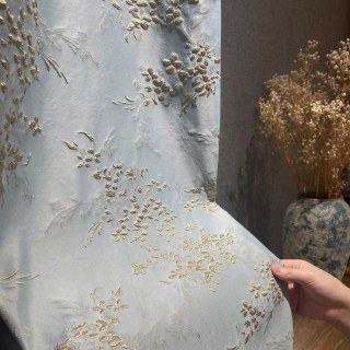 Bouquet Printanier 3D Jacquard Bleu Pastel et Or Rideaux Floraux Abstraits