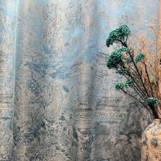 Temple Tranquility Jacquard Chinoiserie Bleu Floral Rideau 2