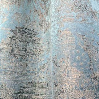 Temple Tranquility Jacquard Chinoiserie Bleu Floral Rideau 3