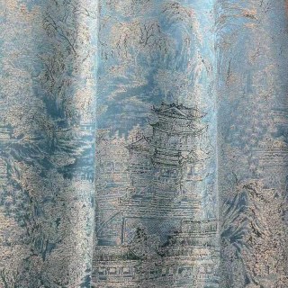 Temple Tranquility Jacquard Chinoiserie Bleu Floral Rideau
