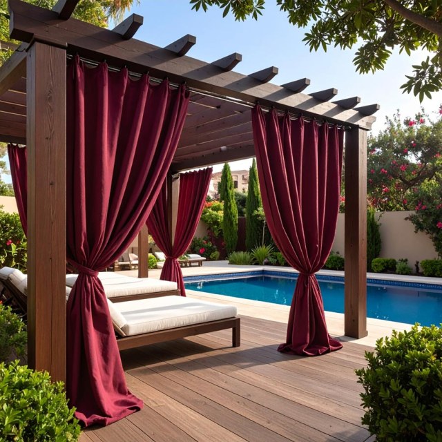 Malibu Imperméable Anti-Lumière Sergé Bourgogne Vin Rouge Rideau d'Extérieur 1