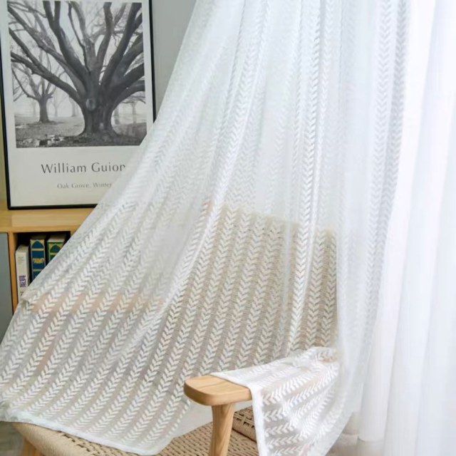 Chevron Rayé Jacquard Blanc Voilage Transparent Rideau 1