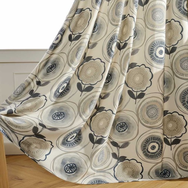 Circle Dance Multicolore Bleu Gris Rideau Floral Moderne du Milieu du Siècle 1