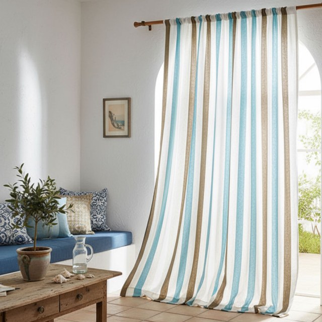 Riviera Turquoise Bleu Brun et Blanc Rideau à Rayures Audacieuses en Mélange de Coton 1