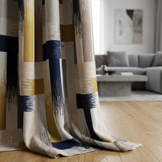 Abstract Strokes Luxe Géométrique Noir Marine et Jaune Rideau 2