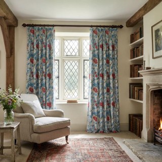 Arbutus Baies Rouges Rideau de Velours Floral Bleu William Morris 3