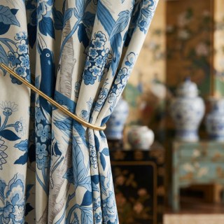 Birds & Blossoms Chinoiserie Bleu Floral Rideau de Velours 2